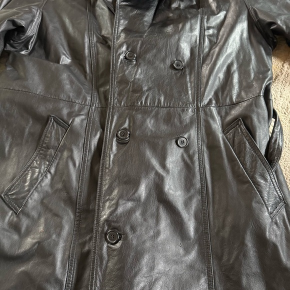 Vintage Pelle Black genuine Leather long trench Coat jacket tie belt large - Picture 8 of 15